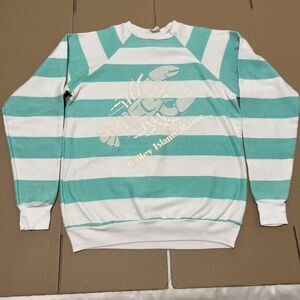 VTG Maine Lobster Puffy Graphic L Sweatshirt Striped 90s USA Blue White Tourism